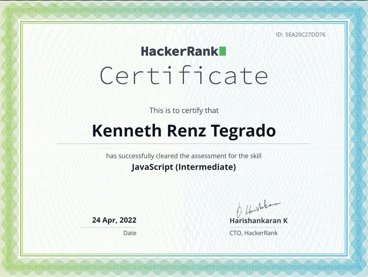 My certificate for JavaScript Intermediate issued by HackerRank.