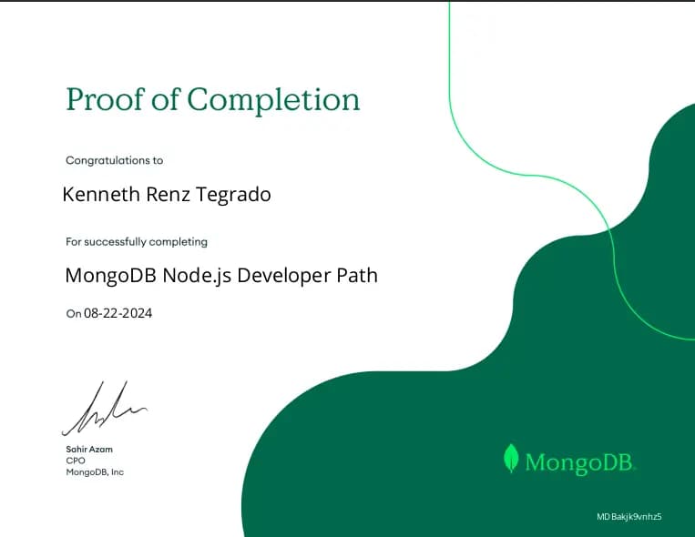 My certificate for MongoDB Node.js Developer Path issued by MongoDB.