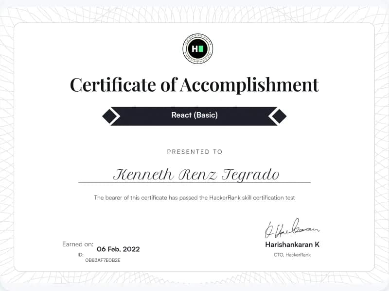 My certificate for React Basic issued by HackerRank.