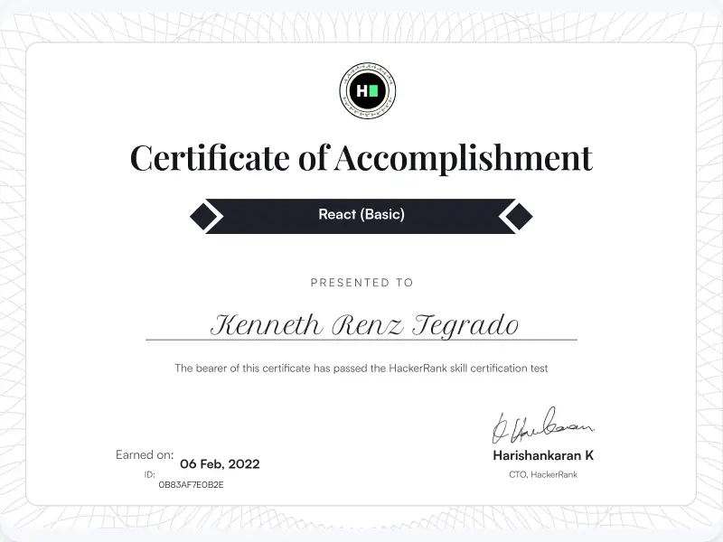 My certificate for React Basic issued by HackerRank.